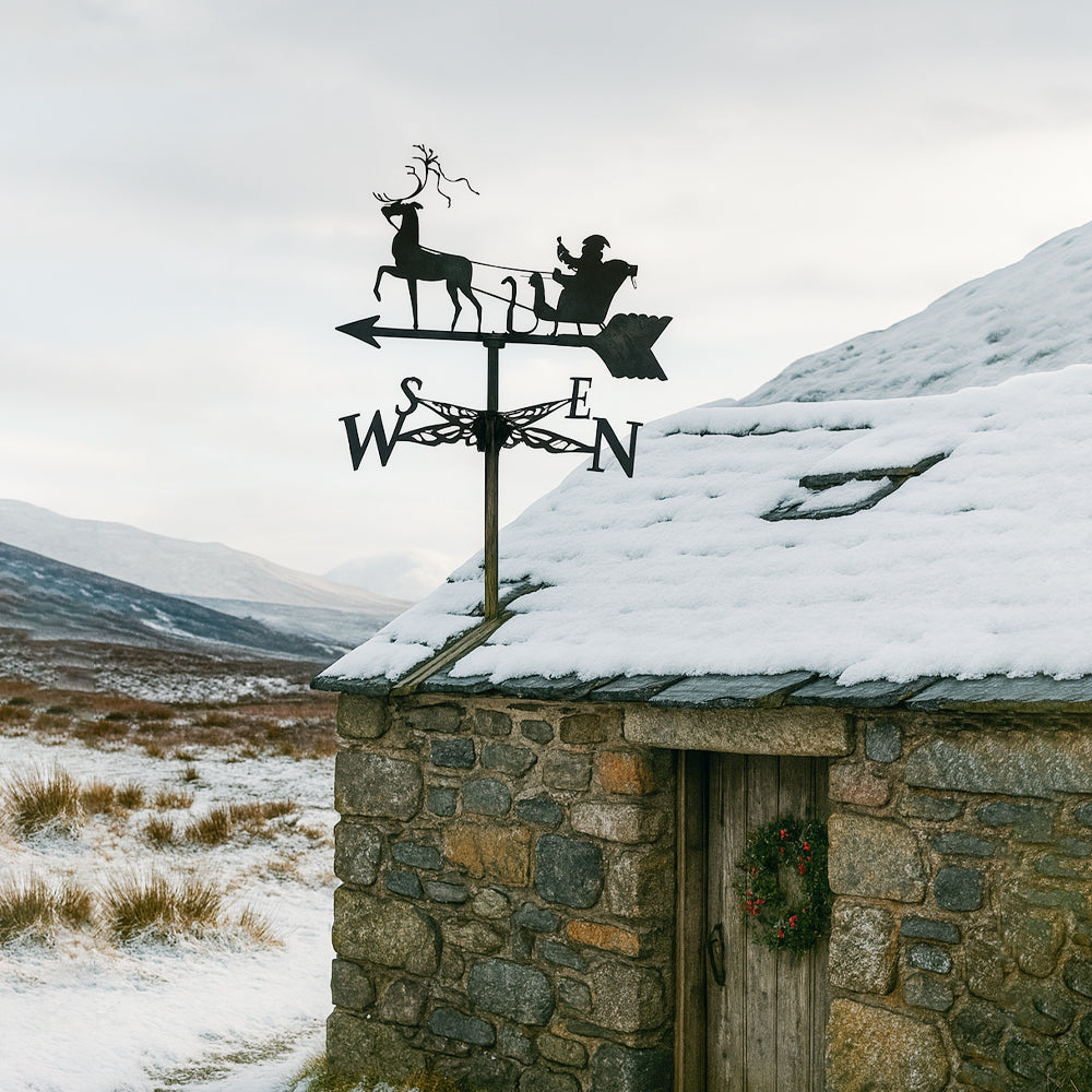 Santa sleigh reindeer metal weather vane with directional arrows and mounting rod, outdoor roof and garden decoration