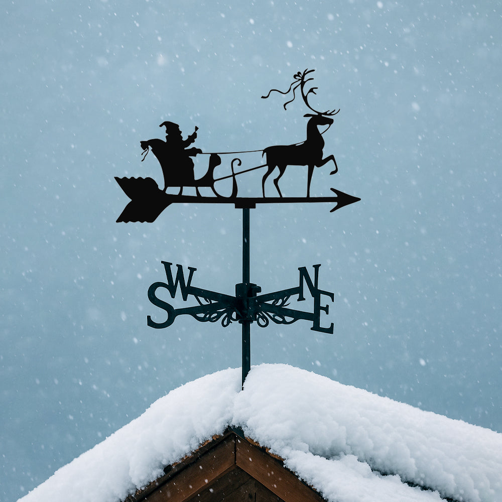 Santa sleigh reindeer metal weather vane with directional arrows and mounting rod, outdoor roof and garden decoration