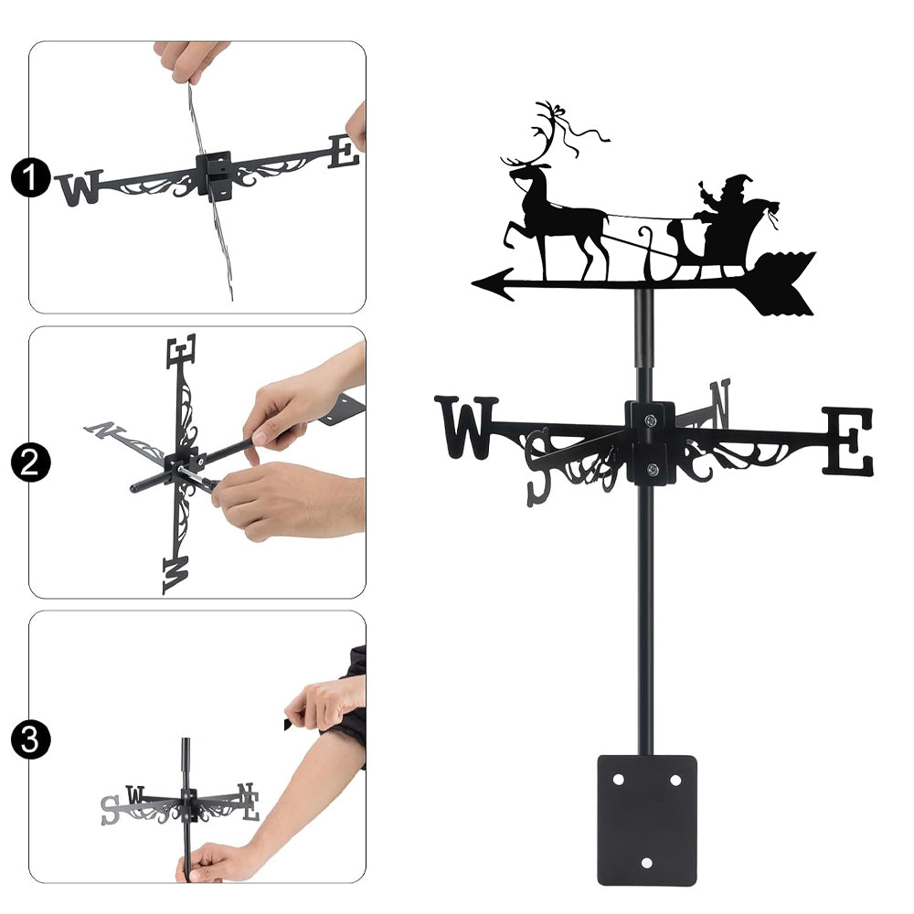 Santa sleigh reindeer metal weather vane with directional arrows and mounting rod, outdoor roof and garden decoration