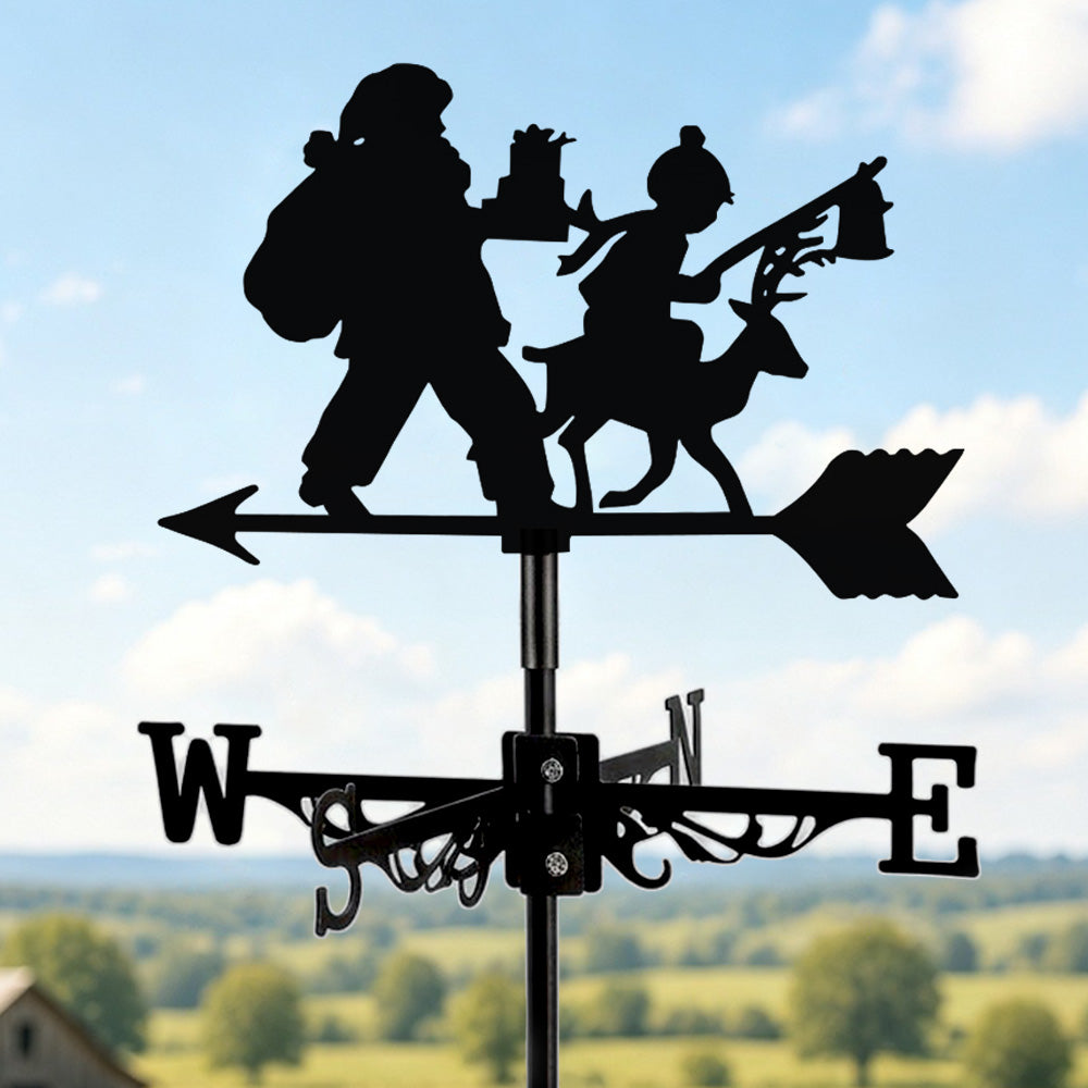 Santa with child metal weather vane with directional arrows and mounting rod, outdoor roof and garden decoration