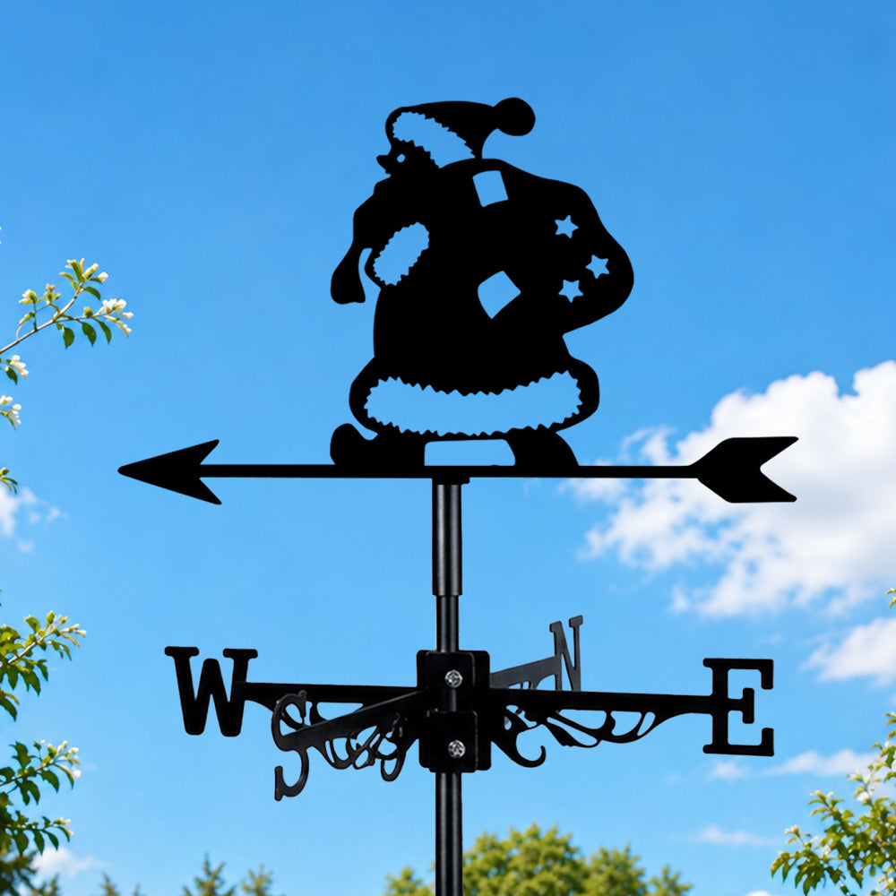 Santa with gift bag metal weather vane with directional arrows and mounting rod, outdoor roof and garden decoration