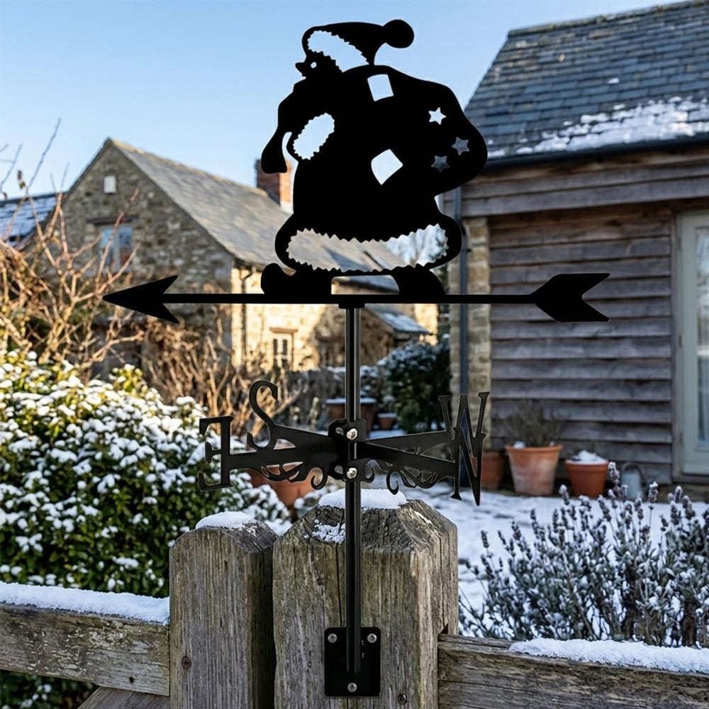 Santa with gift bag metal weather vane with directional arrows and mounting rod, outdoor roof and garden decoration
