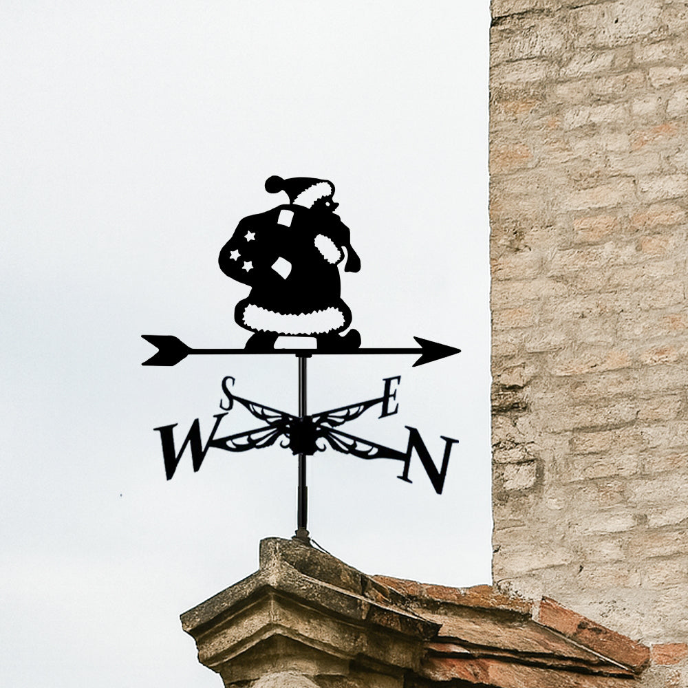 Santa with gift bag metal weather vane with directional arrows and mounting rod, outdoor roof and garden decoration