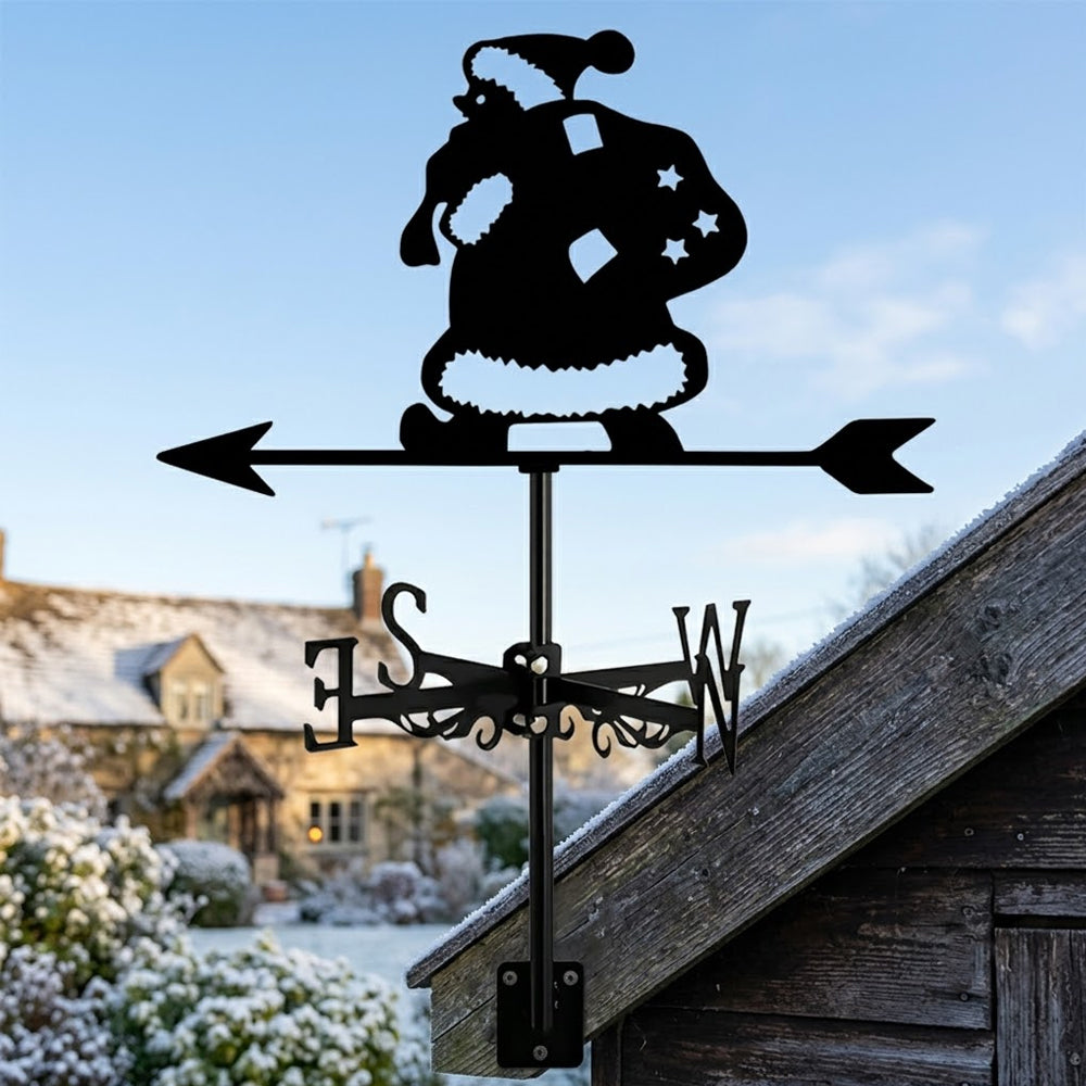 Santa with gift bag metal weather vane with directional arrows and mounting rod, outdoor roof and garden decoration