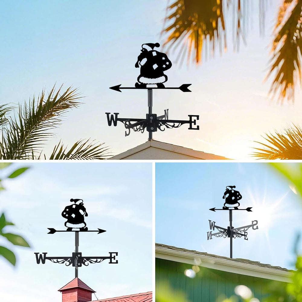 Santa with gift bag metal weather vane with directional arrows and mounting rod, outdoor roof and garden decoration