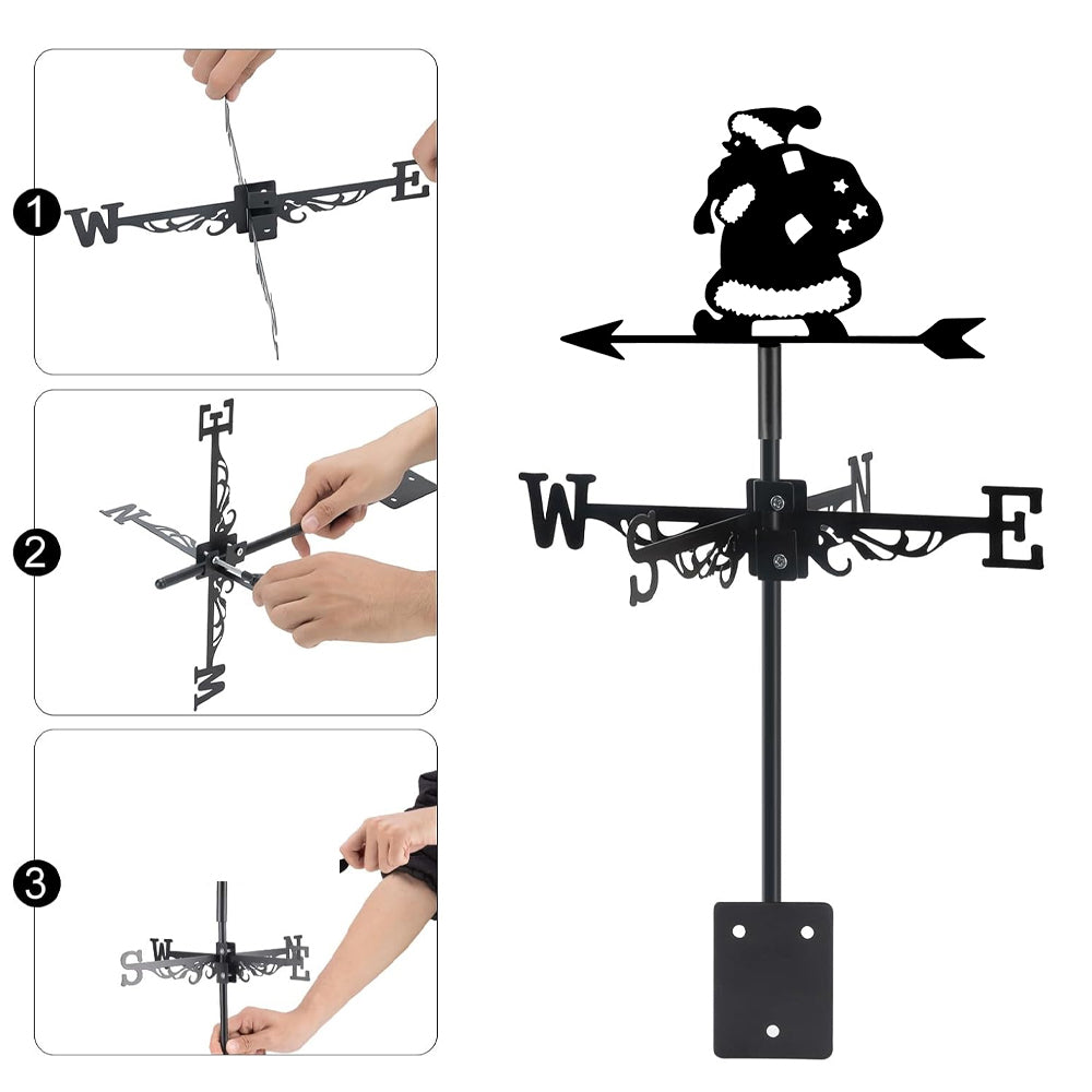 Santa with gift bag metal weather vane with directional arrows and mounting rod, outdoor roof and garden decoration