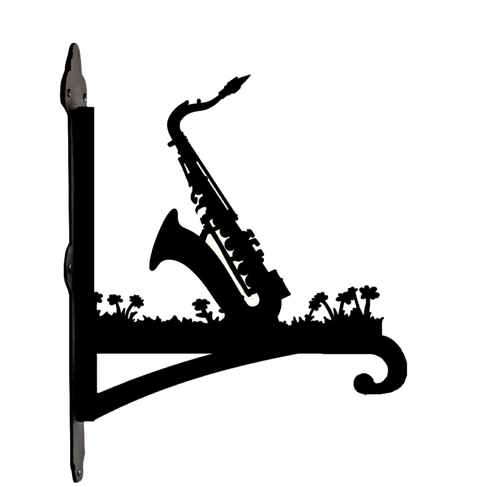 Saxophone metal hanging basket bracket mounted on outdoor wall for plant decoration
