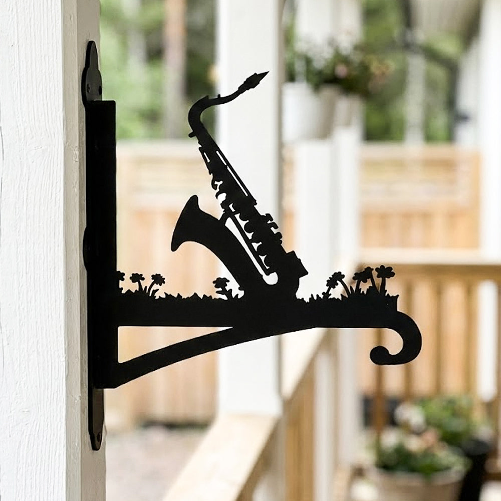 Saxophone metal hanging basket bracket mounted on outdoor wall for plant decoration