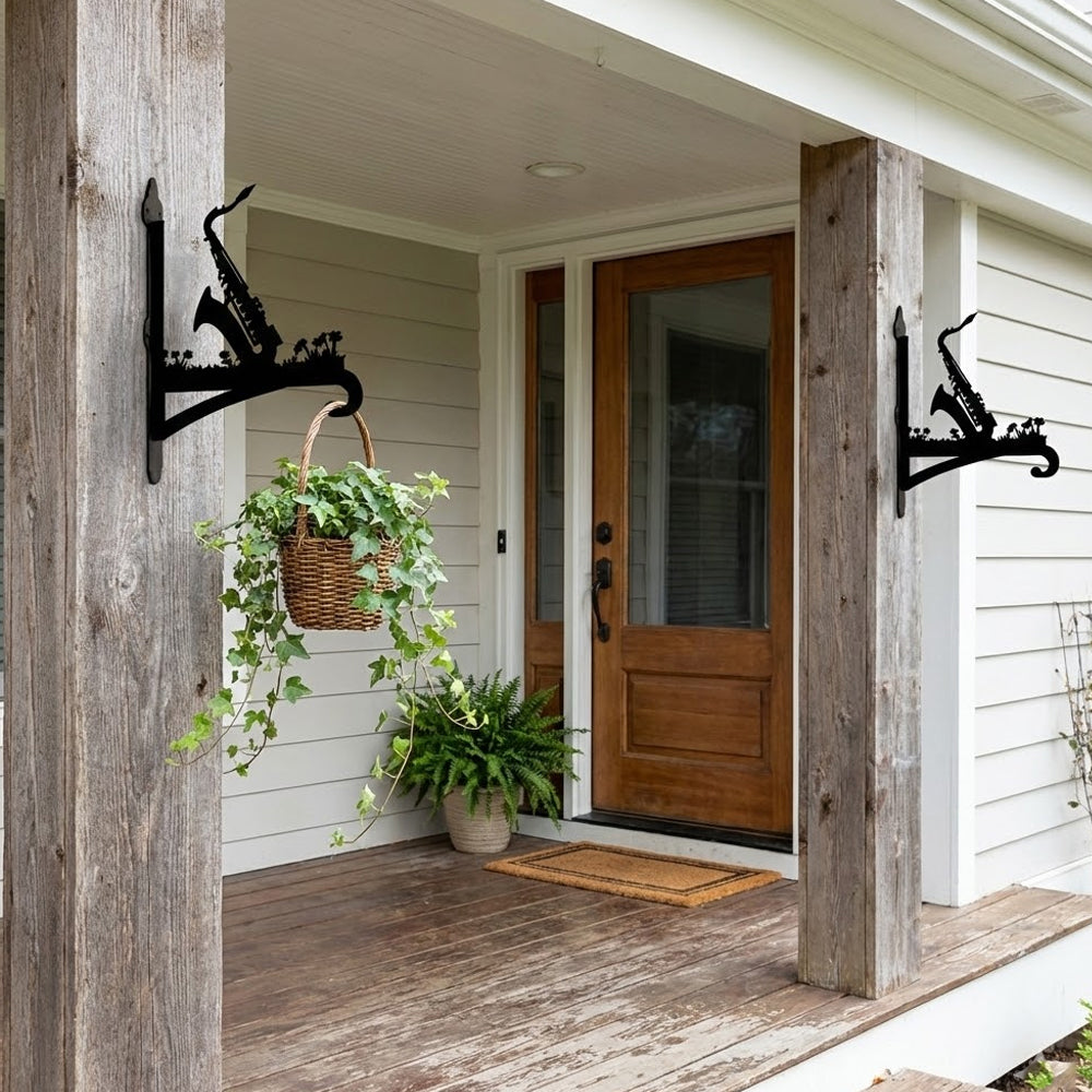 Saxophone metal hanging basket bracket mounted on outdoor wall for plant decoration