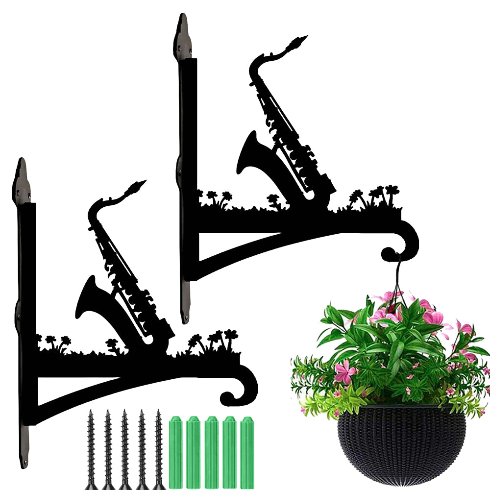 Saxophone metal hanging basket bracket mounted on outdoor wall for plant decoration