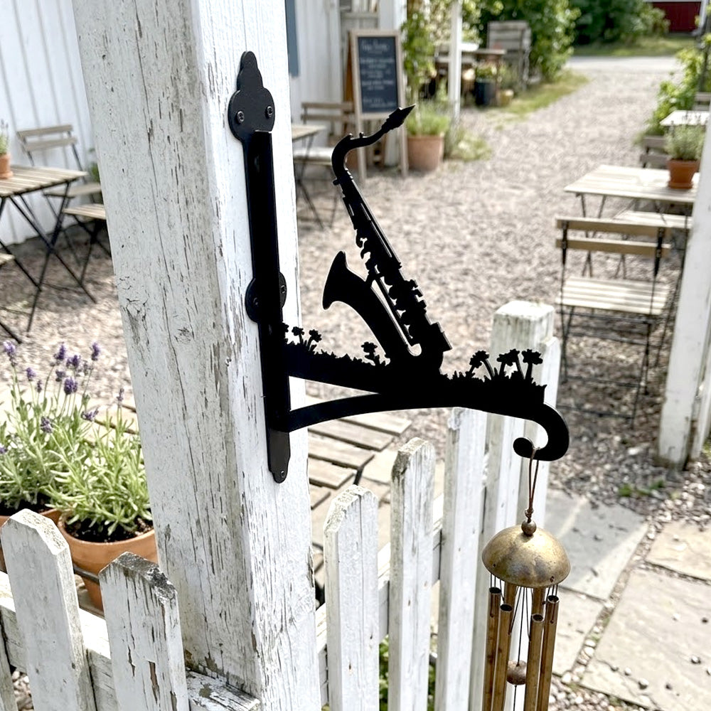 Saxophone metal hanging basket bracket mounted on outdoor wall for plant decoration