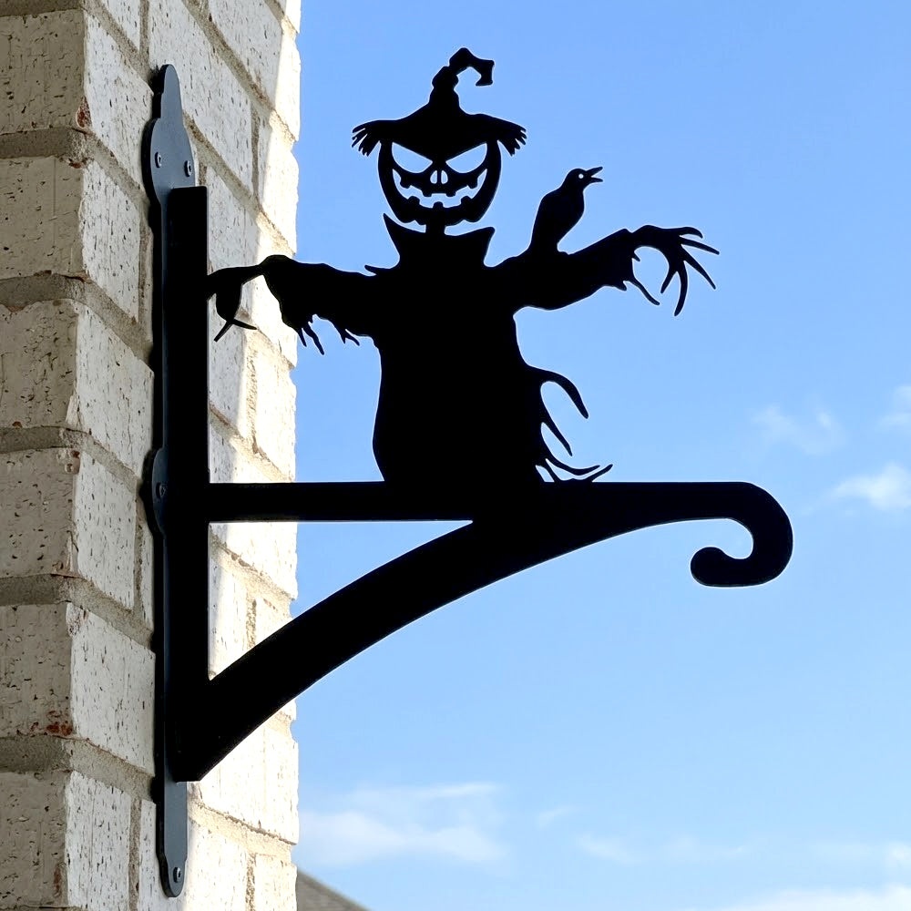 Scarecrow pumpkin metal hanging basket bracket mounted on outdoor wall for plant decoration