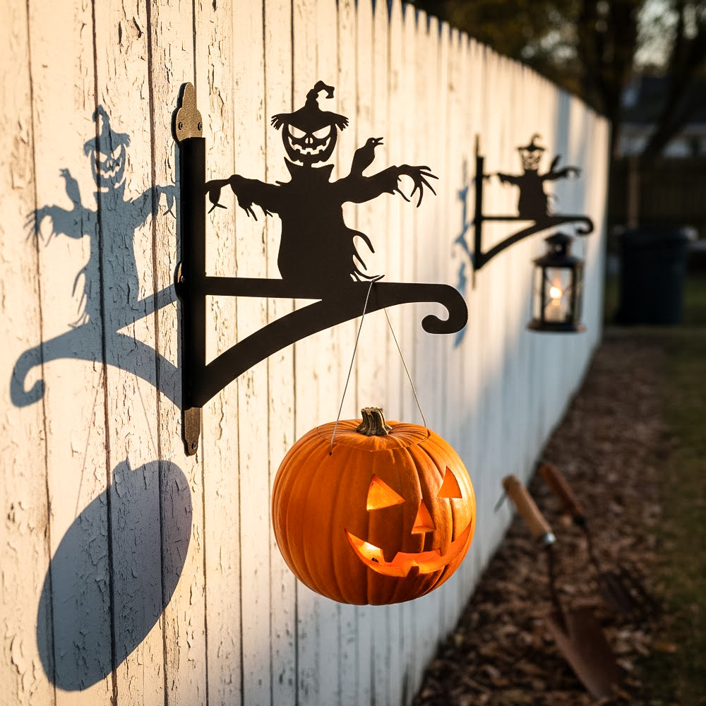 Scarecrow pumpkin metal hanging basket bracket mounted on outdoor wall for plant decoration