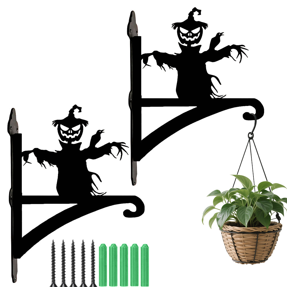 Scarecrow pumpkin metal hanging basket bracket mounted on outdoor wall for plant decoration