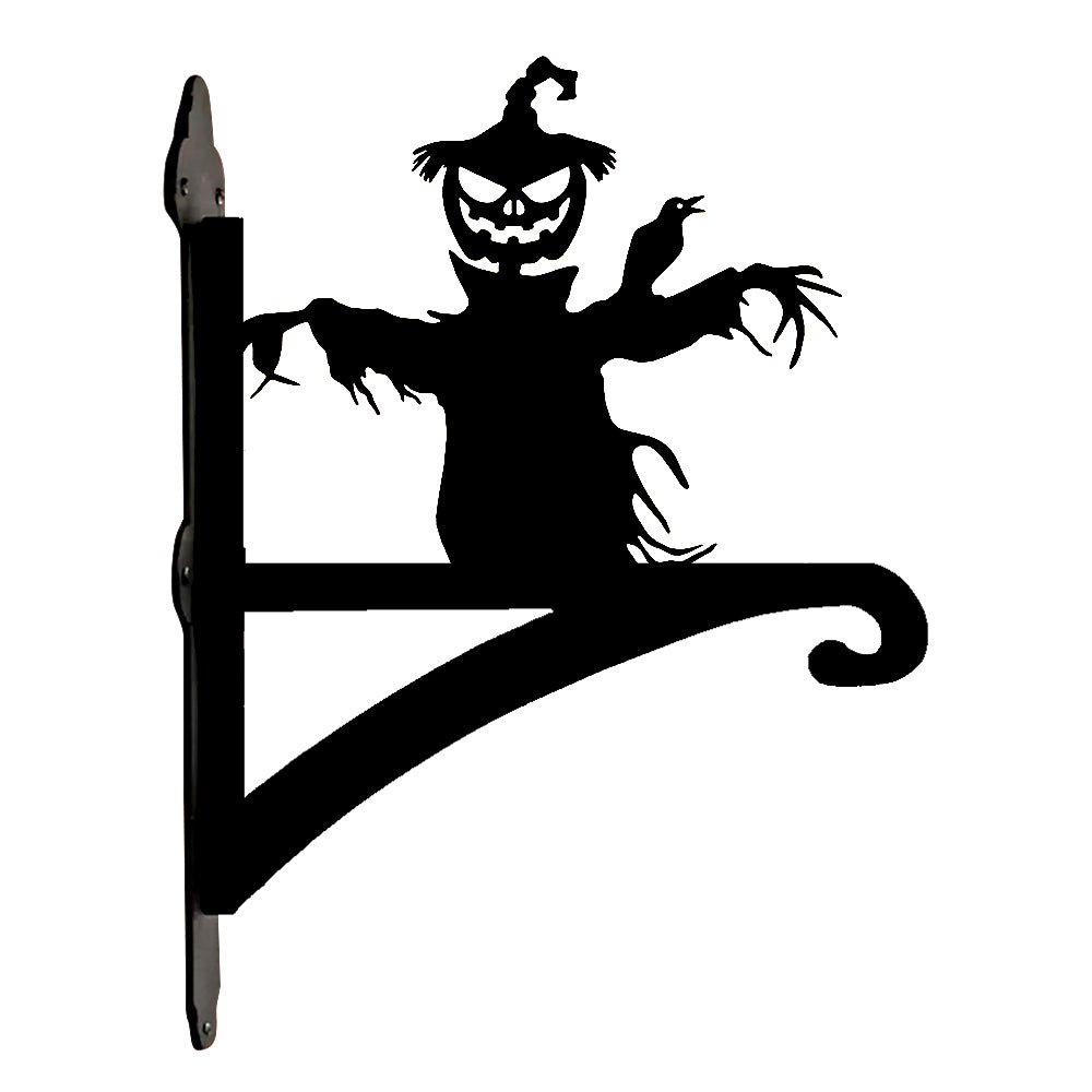 Scarecrow pumpkin metal hanging basket bracket mounted on outdoor wall for plant decoration