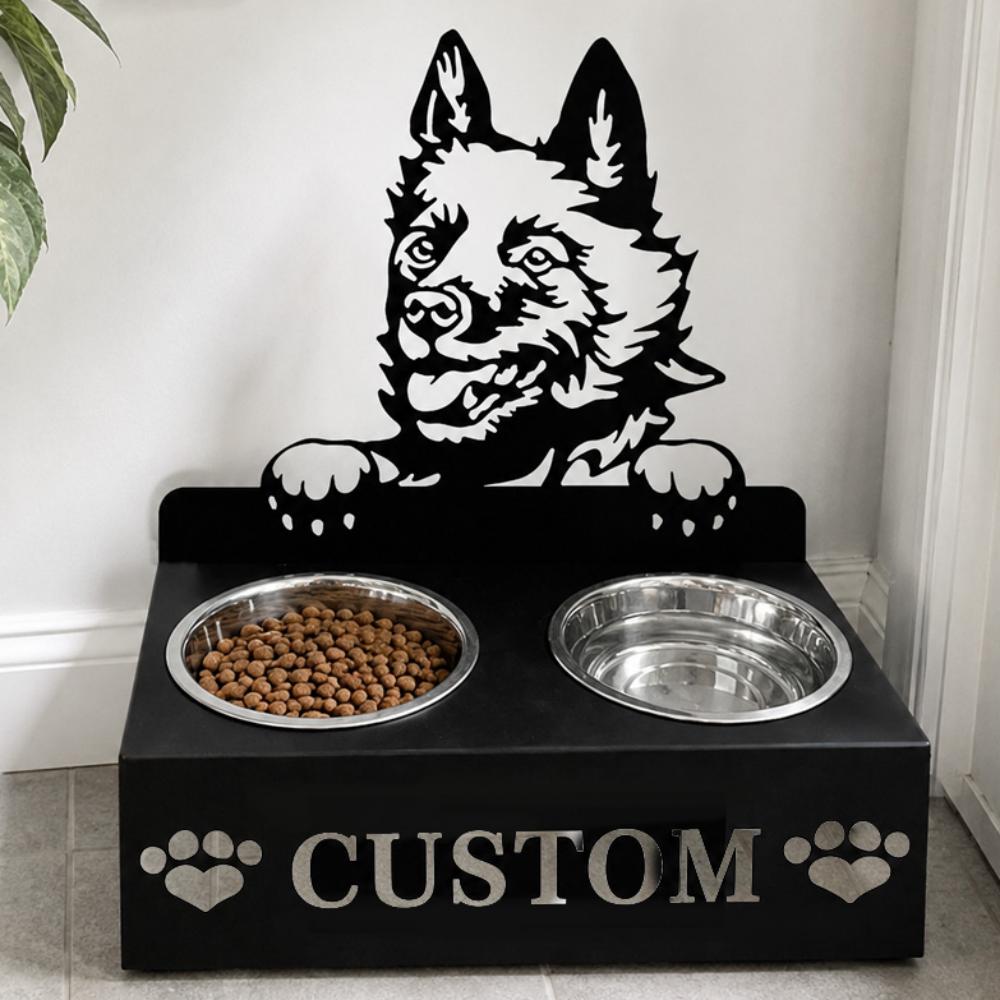Personalized schipperke dog metal dog bowl stand with custom name cutout and two removable feeding bowls