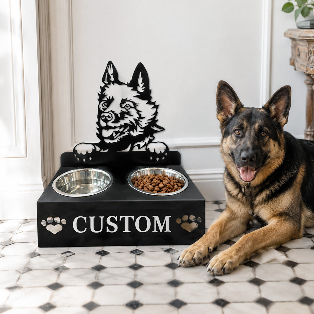 Personalized schipperke dog metal dog bowl stand with custom name cutout and two removable feeding bowls