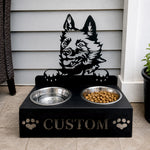 Personalized schipperke dog metal dog bowl stand with custom name cutout and two removable feeding bowls