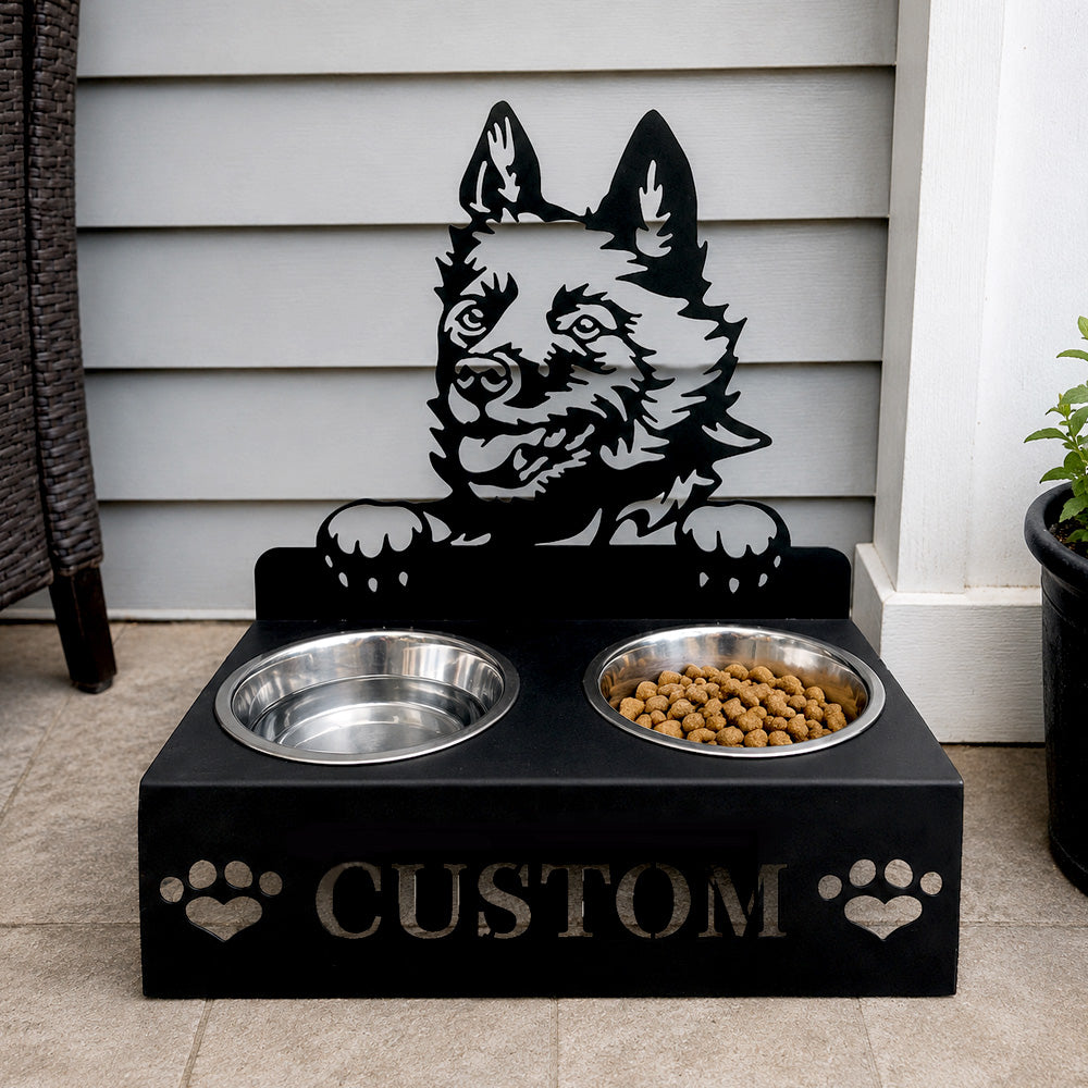 Personalized schipperke dog metal dog bowl stand with custom name cutout and two removable feeding bowls
