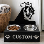 Personalized schnauzer metal dog bowl stand with custom name cutout and two removable feeding bowls