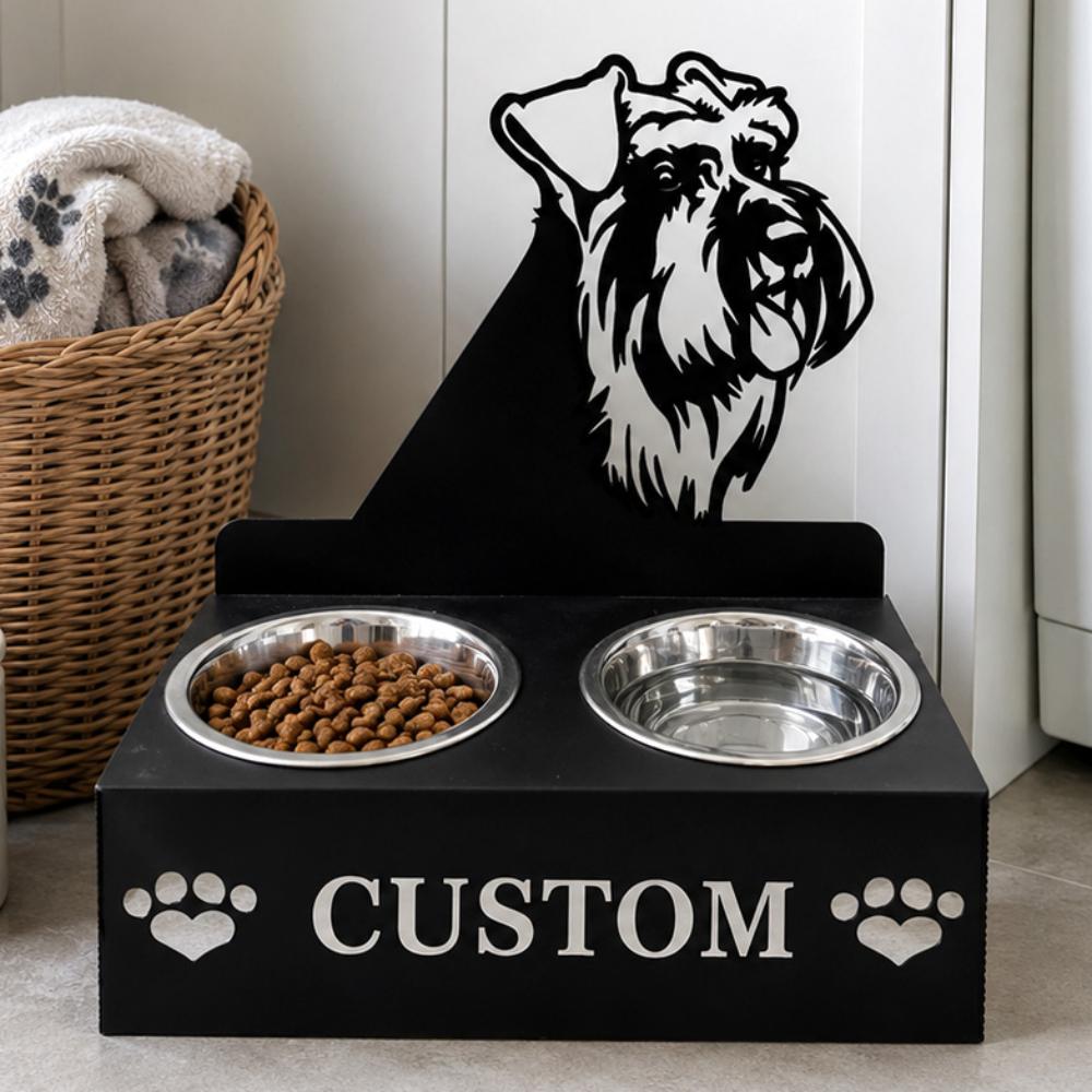 Personalized schnauzer metal dog bowl stand with custom name cutout and two removable feeding bowls