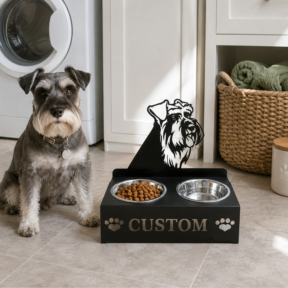 Personalized schnauzer metal dog bowl stand with custom name cutout and two removable feeding bowls