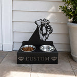 Personalized schnauzer metal dog bowl stand with custom name cutout and two removable feeding bowls