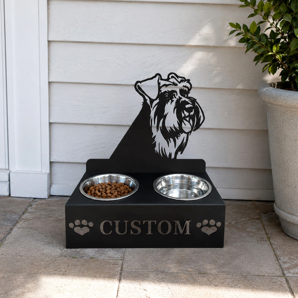 Personalized schnauzer metal dog bowl stand with custom name cutout and two removable feeding bowls