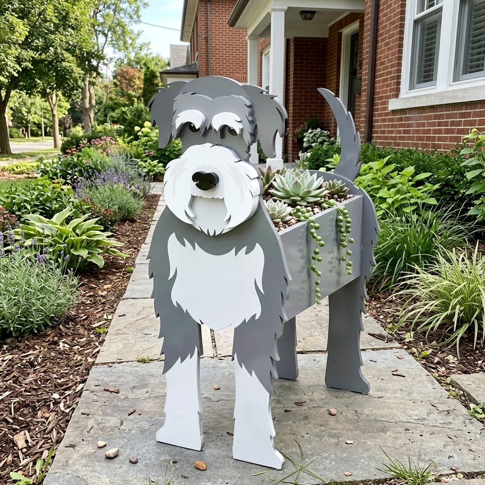 Schnauzer dog planter filled with fresh flowers is placed in the garden