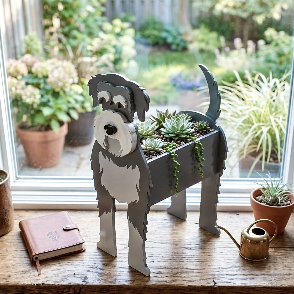 Schnauzer dog planter filled with fresh flowers is placed in the garden