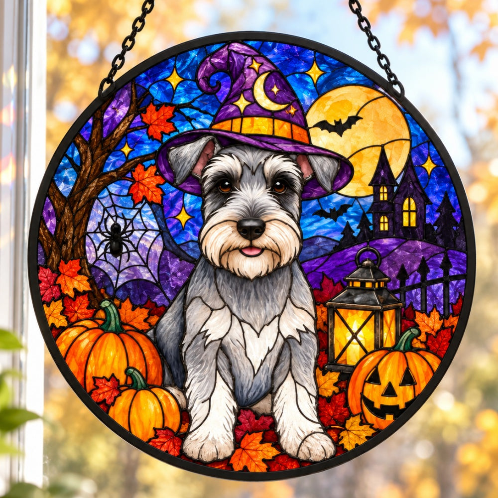 Schnauzer Halloween stained glass suncatcher window hanging, suitable for home and garden decoration