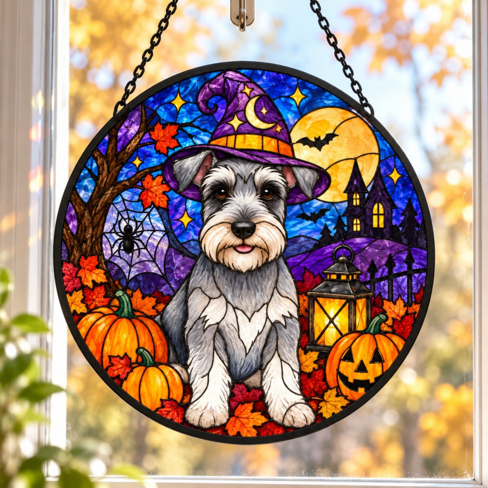 Schnauzer Halloween stained glass suncatcher window hanging, suitable for home and garden decoration