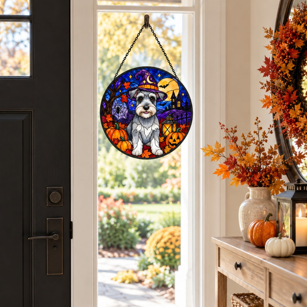 Schnauzer Halloween stained glass suncatcher window hanging, suitable for home and garden decoration