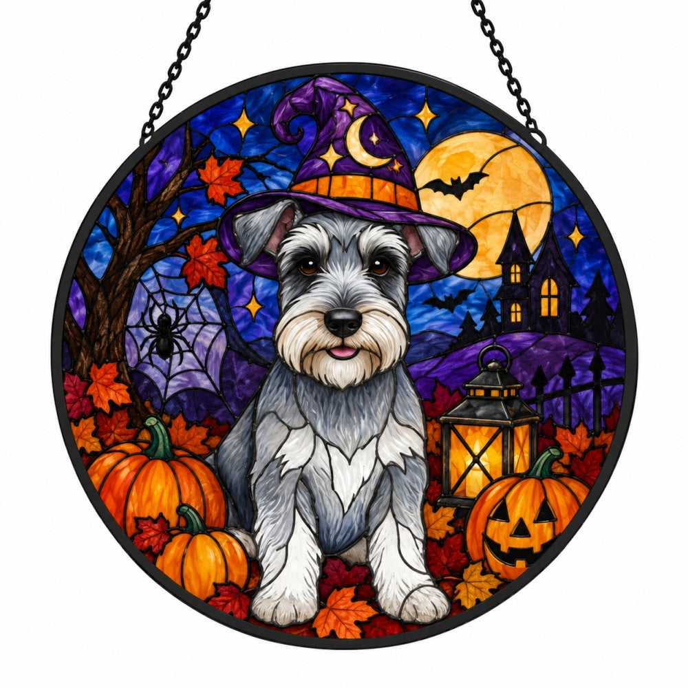 Schnauzer Halloween stained glass suncatcher window hanging, suitable for home and garden decoration