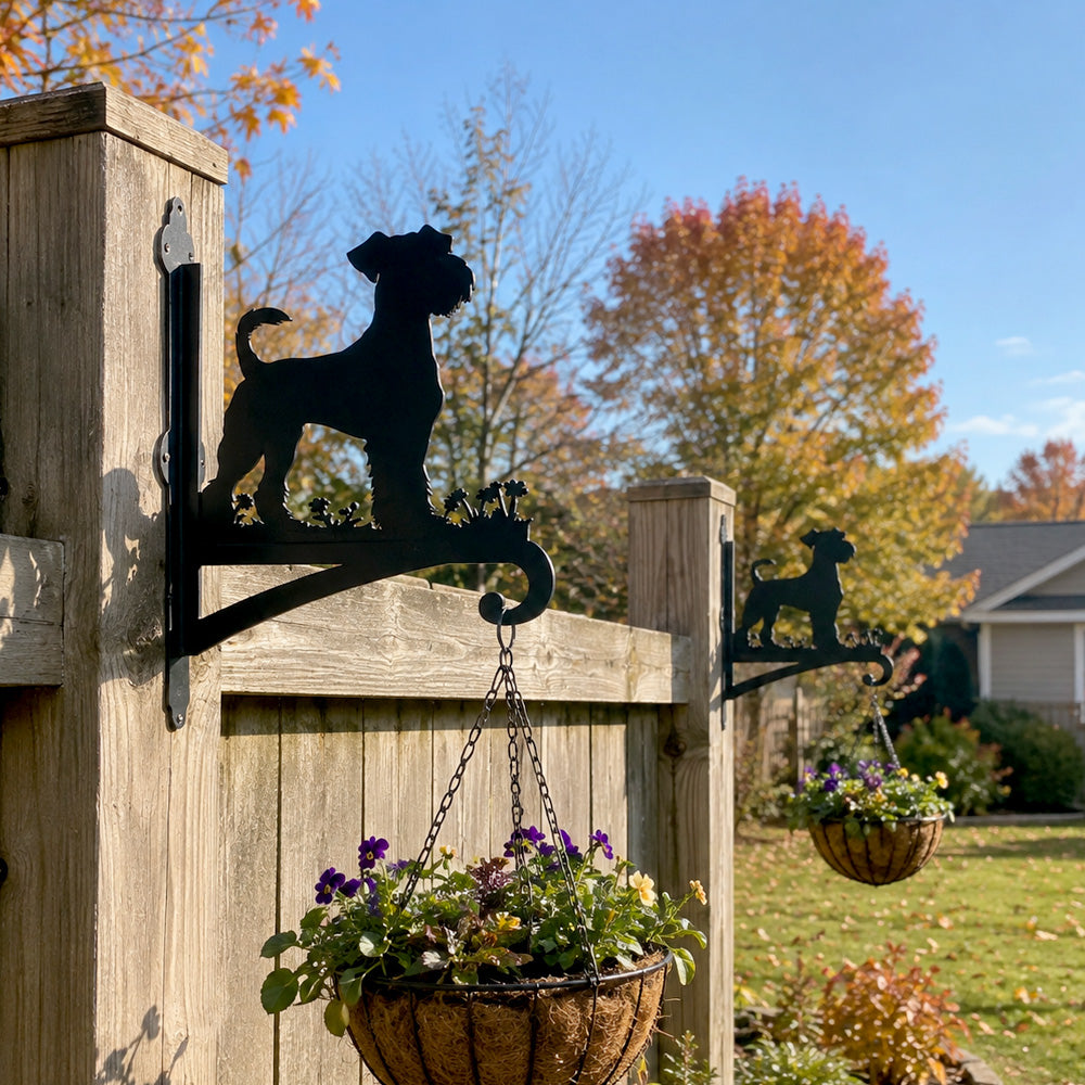 Schnauzer metal hanging basket bracket mounted on outdoor wall for plant decoration