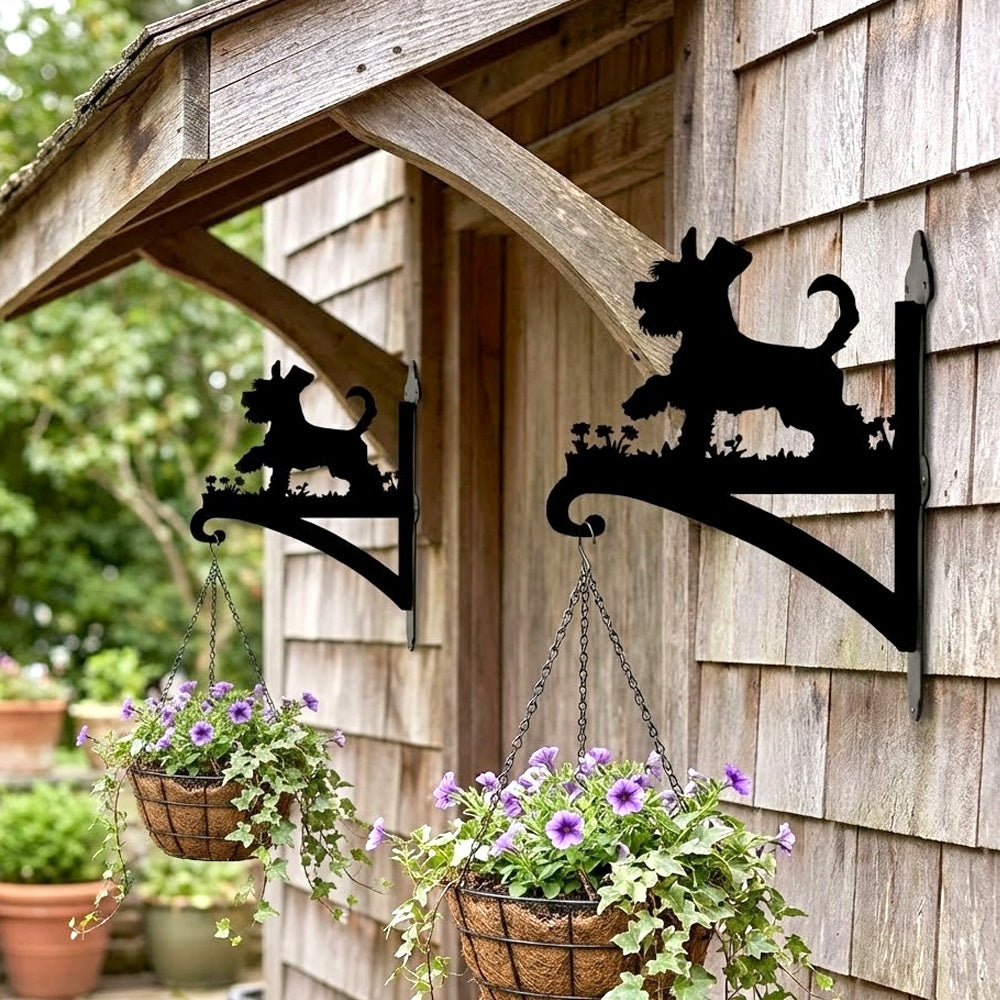 Schnauzer metal hanging basket bracket mounted on outdoor wall for plant decoration
