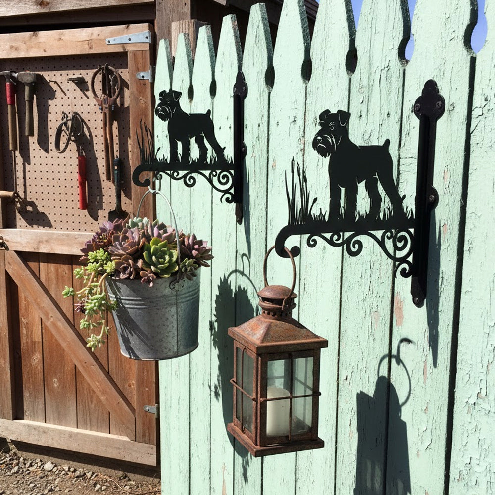 Schnauzer metal hanging basket bracket mounted on outdoor wall for plant decoration