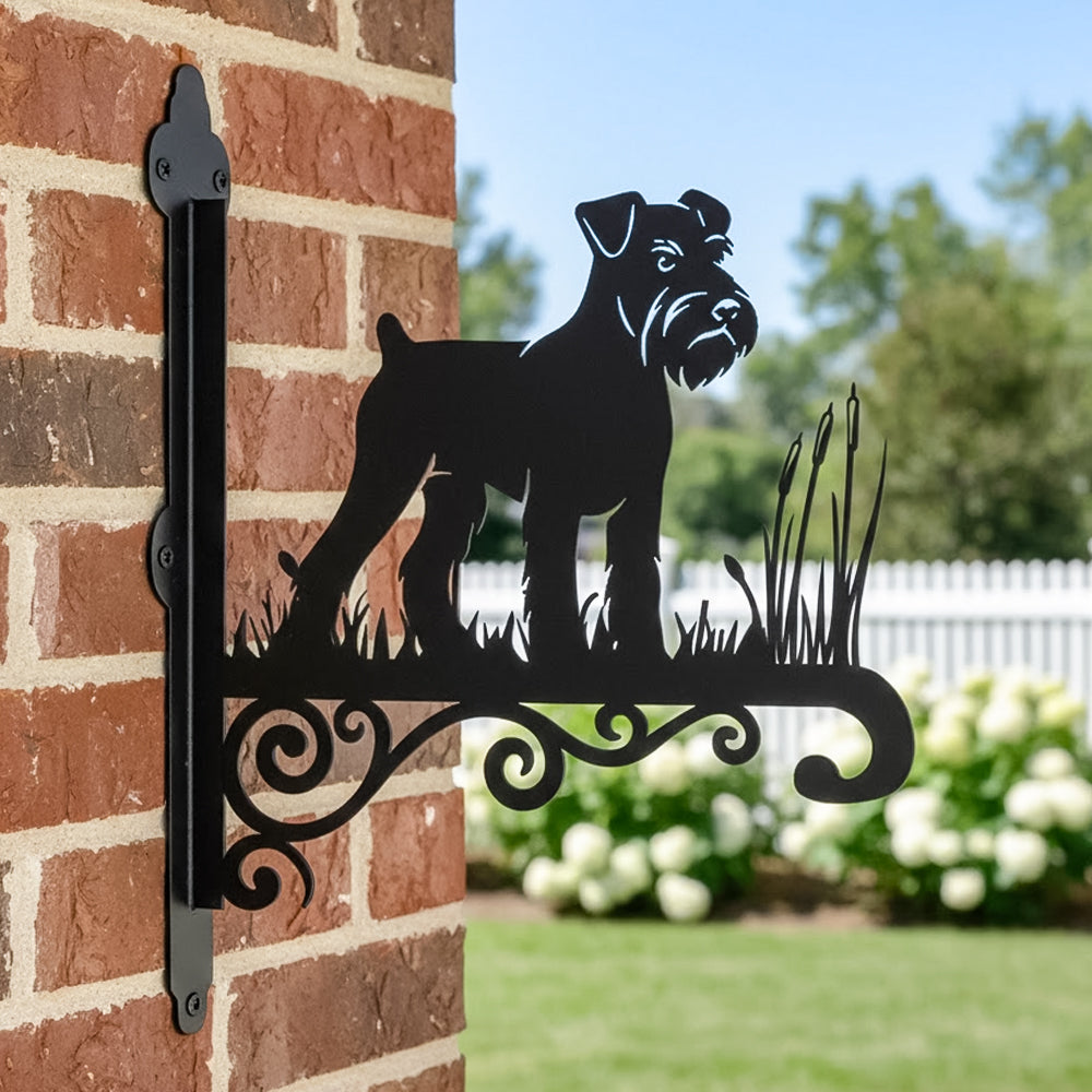 Schnauzer metal hanging basket bracket mounted on outdoor wall for plant decoration