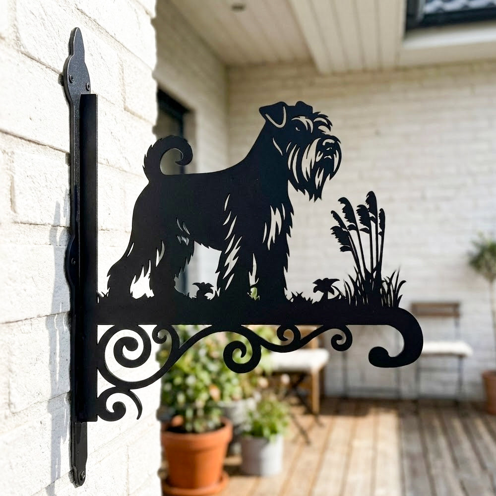 Schnauzer metal hanging basket bracket mounted on outdoor wall for plant decoration