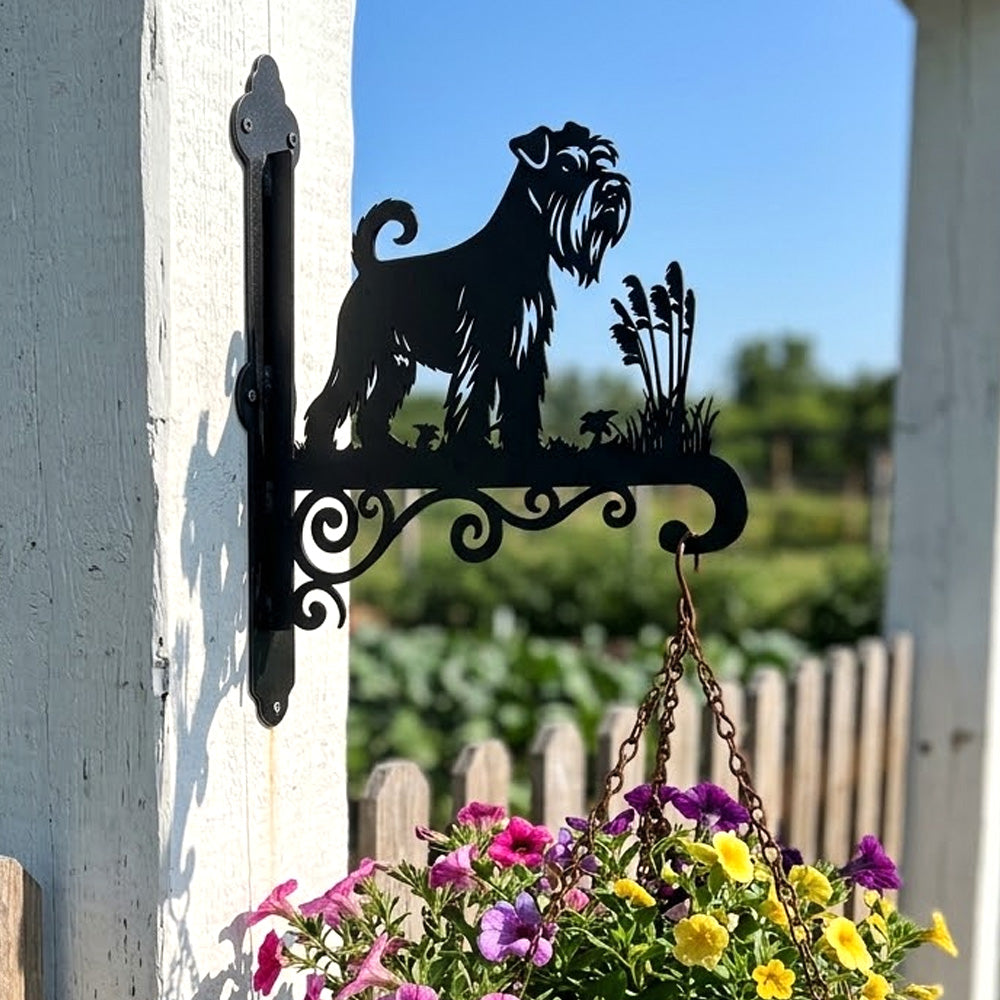 Schnauzer metal hanging basket bracket mounted on outdoor wall for plant decoration