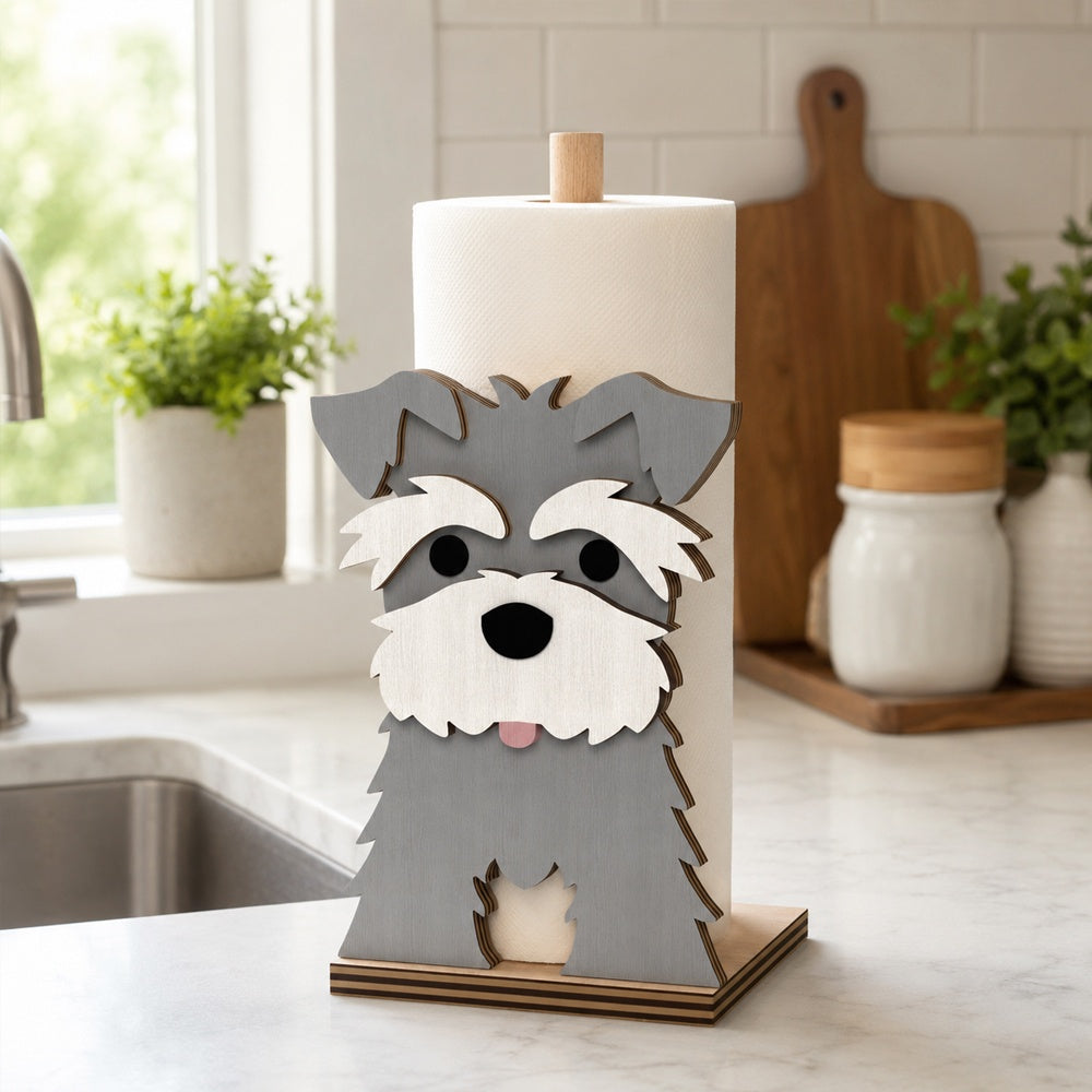Schnauzer Wooden Dog Paper Towel Holder displayed on a kitchen countertop with a freestanding paper towel roll