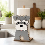 Schnauzer Wooden Dog Paper Towel Holder displayed on a kitchen countertop with a freestanding paper towel roll