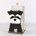 Schnauzer Wooden Dog Paper Towel Holder displayed on a kitchen countertop with a freestanding paper towel roll