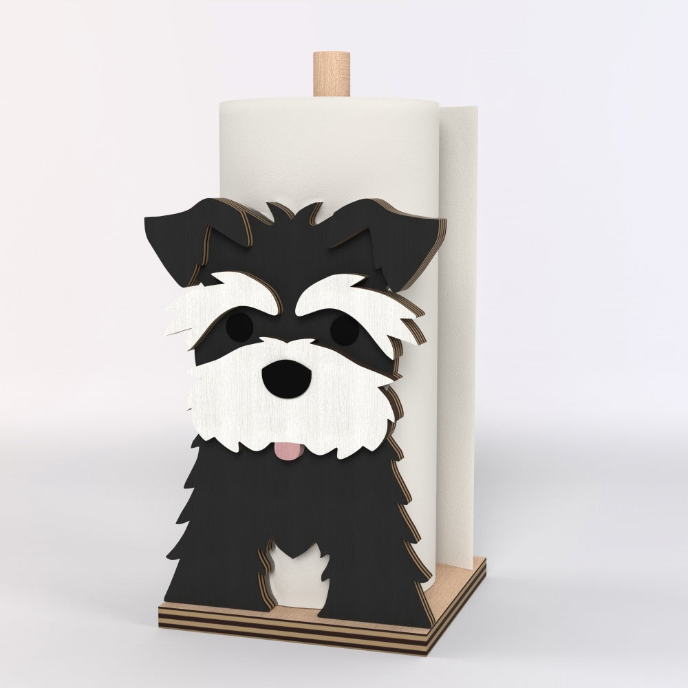 Schnauzer Wooden Dog Paper Towel Holder displayed on a kitchen countertop with a freestanding paper towel roll