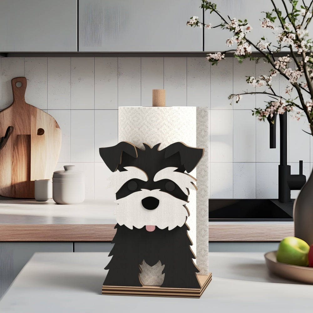 Schnauzer Wooden Dog Paper Towel Holder displayed on a kitchen countertop with a freestanding paper towel roll