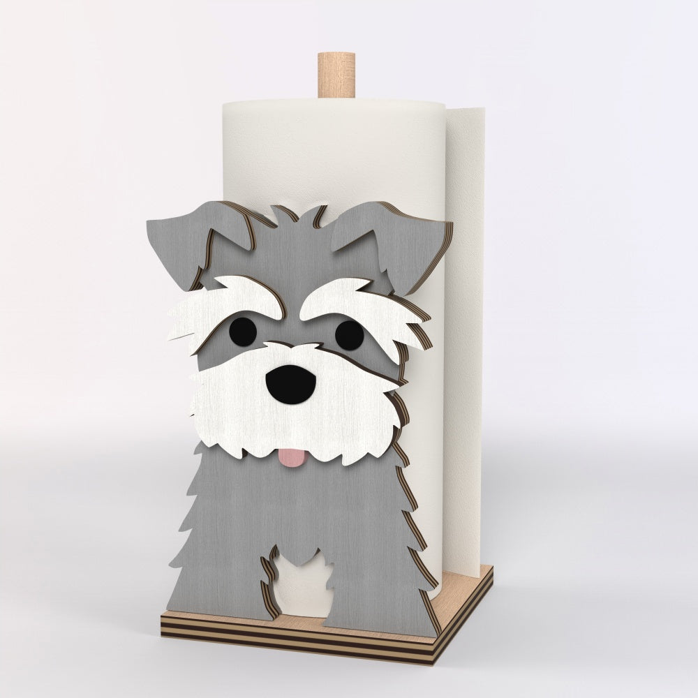 Schnauzer Wooden Dog Paper Towel Holder displayed on a kitchen countertop with a freestanding paper towel roll