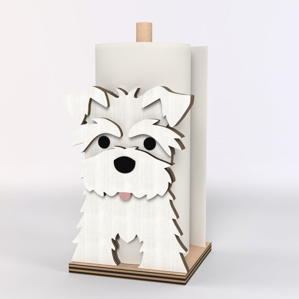 Schnauzer Wooden Dog Paper Towel Holder displayed on a kitchen countertop with a freestanding paper towel roll