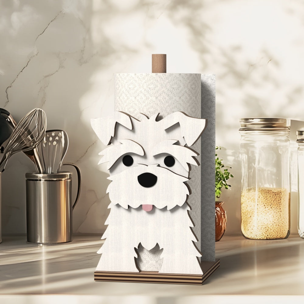 Schnauzer Wooden Dog Paper Towel Holder displayed on a kitchen countertop with a freestanding paper towel roll