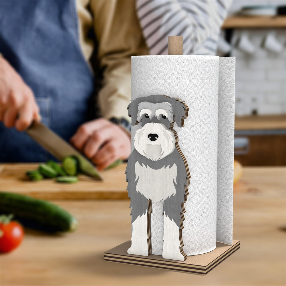 Schnauzer Wooden Dog Paper Towel Holder displayed on a kitchen countertop with a freestanding paper towel roll