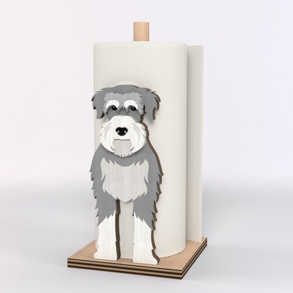 Schnauzer Wooden Dog Paper Towel Holder displayed on a kitchen countertop with a freestanding paper towel roll
